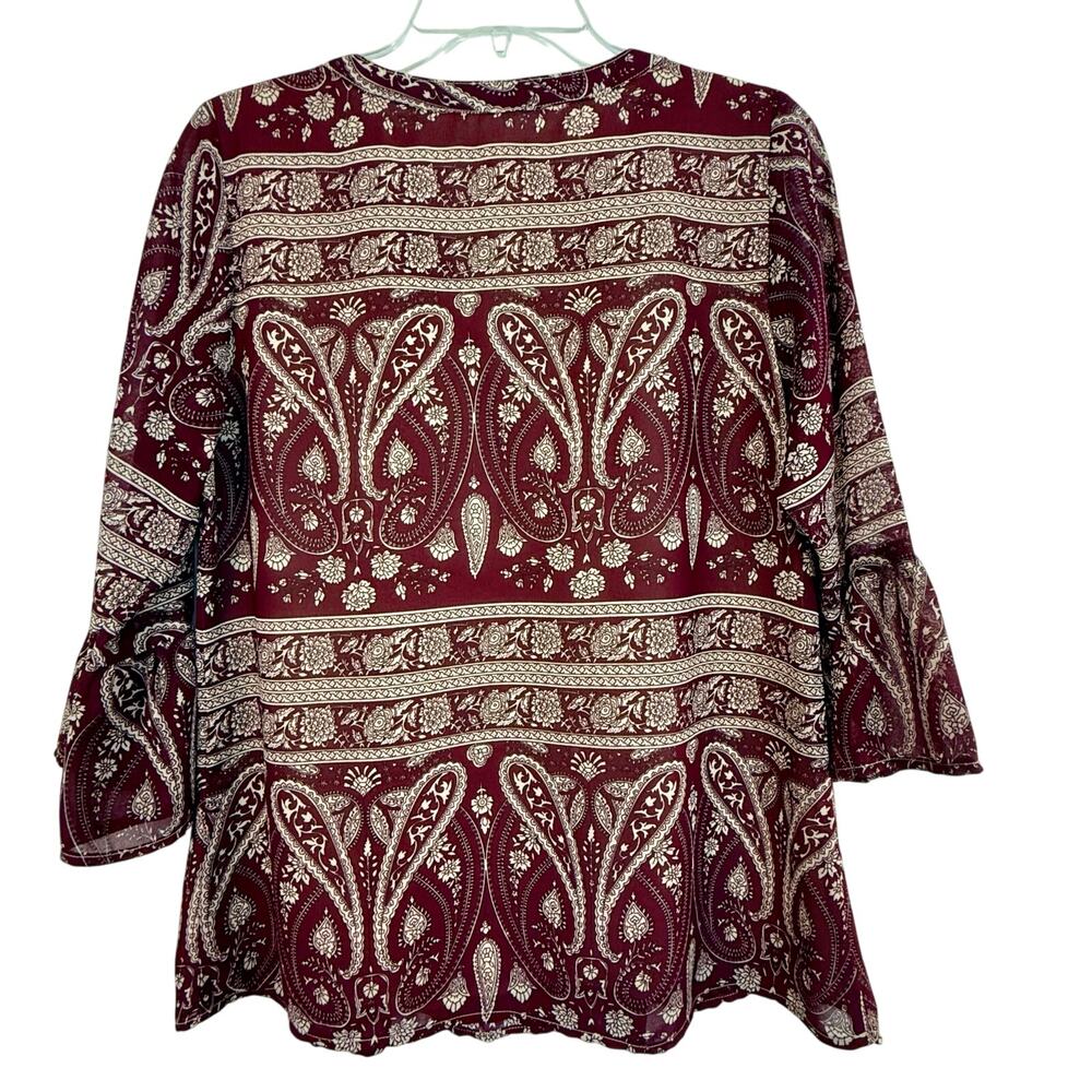 Skies Are Blue Maroon Tan Paisley Tunic Top Pleated V Neckline Grommet Accent - Picture 14 of 16